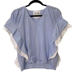 CODO Blue White Stripe Cotton Ruffle Blouse Top S READ